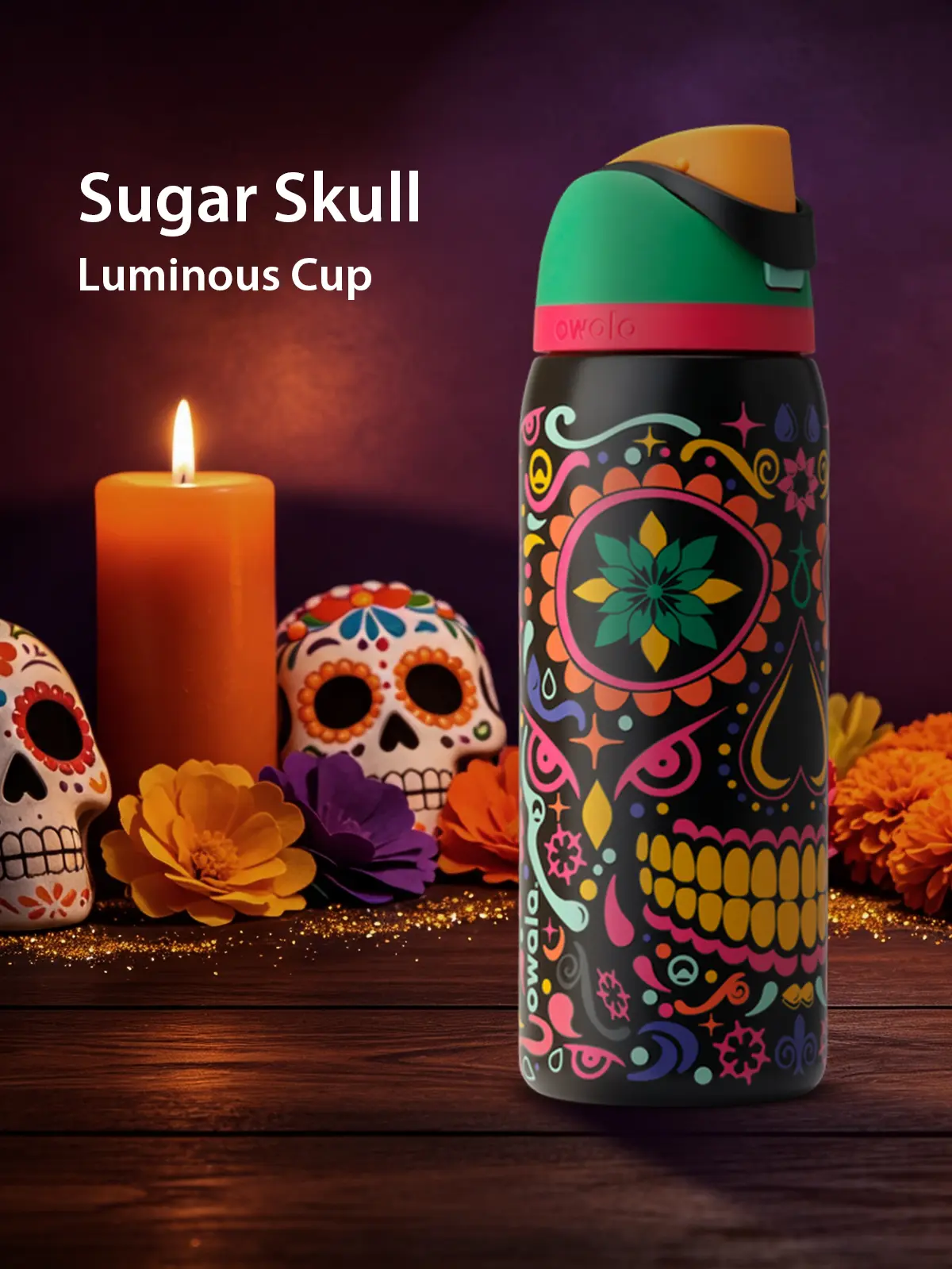 OWALA FreeSip 32oz Sugar Skull Luminous Limited Edition Insulated Triple-Layer Stainless Steel Water Flask - Glow-In-The-Dark, Leak-Proof Lid, Built-In Straw, 24-Hour Cold Retention, Ideal for Outdoor Sports, Travel, Birthday Gift