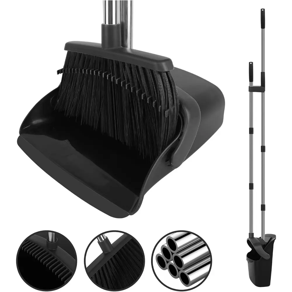 55-in Stainless Steel Long Handle Broom and Rubber Dustpan Set - Collapsible, Compact Storage Home Cleaning Kit for Kitchen, RV, Camping Use (1-Set for Indoor/Outdoor, Kitchens/RVs), Outdoors