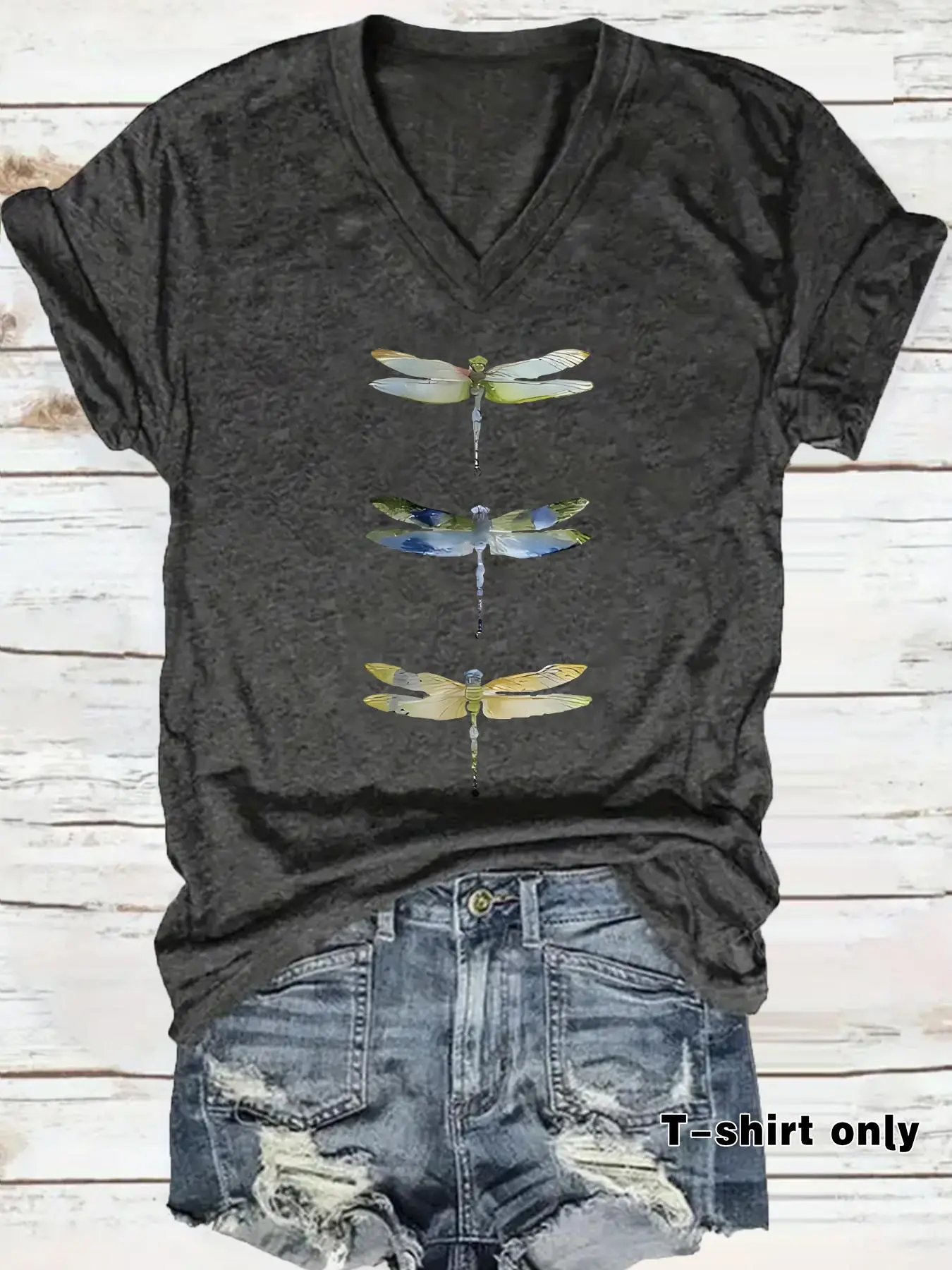 Women's Dragonfly Print V Neck Tee, Casual Loose Dragonfly Print Short Sleeve T-Shirt for Summer, Ladies Clothes for Daily Wear, Top