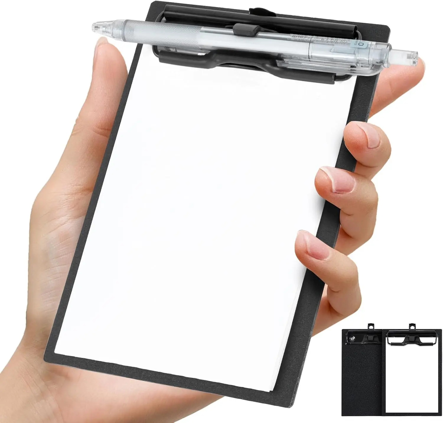 Mini Clipboard 4x6 Inch with Pen Holder, 2 Pack Small Clipboards with Low Profile Clip & Hanging Loop, A6 Portable Pocket Clipboards Memo Size Notepad for Restaurant, Office, School (Black)
