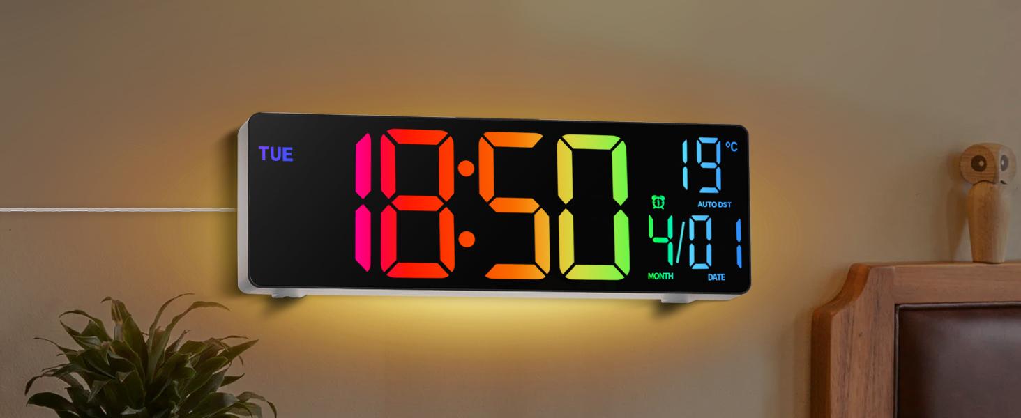 10.1" LED Digital Alarm Clock with RGB Display, Date and Temperature, Countdown Timer, Auto Dimming Wall Clock for Bedroom Living Room Office  Decor