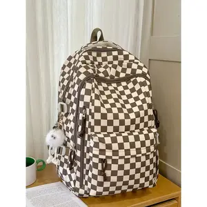 1pc Women's Large-Capacity Plaid Backpack with Zipper Closure and Pendant Charm, Fashionable and Versatile, Suitable for School, Campus and Work Commutes