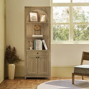 HULALA HOME Baggio Modern  Arched LED Bookcase with Storage Cabinet & Drawer, Touch-Control 3-Color Lighting, Open Display Shelves, Multi-Functional Bookshelf for Living Room, Bedroom, Home Office, Study, Desk Organizer Unit