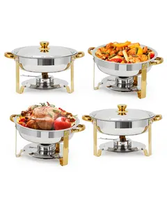 GARVEE 4 Pack 5 QT Round Stainless Steel Chafing Dishes with Lids, Buffet Servers and Food Warmers, Gold Finish for Catering, Parties, Weddings, and Banquets