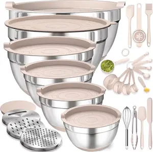 26PCS Stainless Steel Mixing Bowls Set with Airtight Lids, Grater Attachments, Non-Slip Silicone Bottoms, Nesting Kitchen Bowls, 6 Sizes (1QT–7QT), Dishwasher Safe