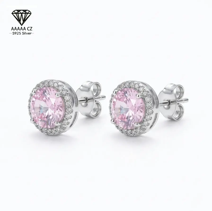 Women's Harlow Classic Stud Earrings - Blush Pink Harlow Pink Zirconia, 8mm, S925 Silver-Plated Copper Base, Skin-Friendly & Hypoallergenic, Tarnish-Free, Daily Wear nugget earrings funky unique accessories earrings for women romantic accessories