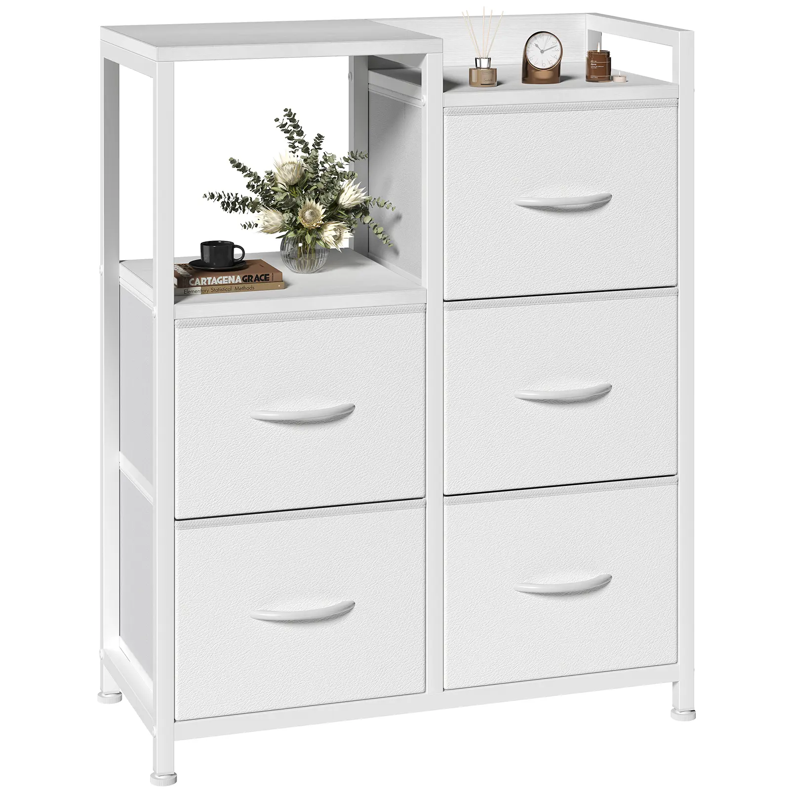 Sweetcrispy Modern 5-Drawer Fabric Dresser with 2-Tier Shelf, Drawer Dressers for Clothing Organization, Modern Storage Cupboard & Organizer Storage Furniture for Bedroom, Hallway