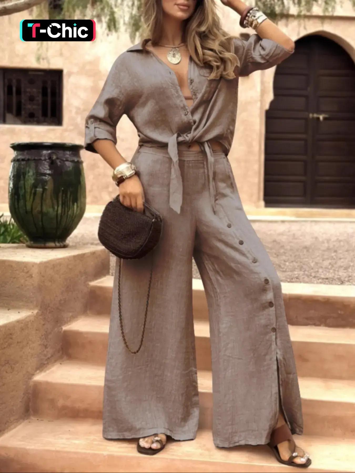 Women's 2-Piece Tie-Back Long Sleeve Shirt and Single Button Wide-Leg Pants Set, Vintage Loose-Fit Casual Chic Fashion Clothes for All Seasons Womenswear Vibe
