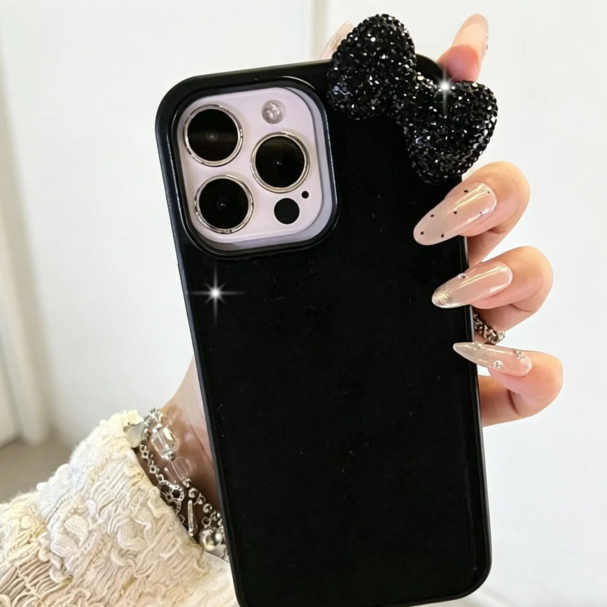 Black Diamond Bow Soft Glitter Glam Ultra-Thin Shockproof TPU Anti-Drop Smartphone Casing & Compact Scratch-Res. Screen Protector Set - Korean Accessories for iPhone 11,X,XR,12-17,Pro Max,Plus,Mini
