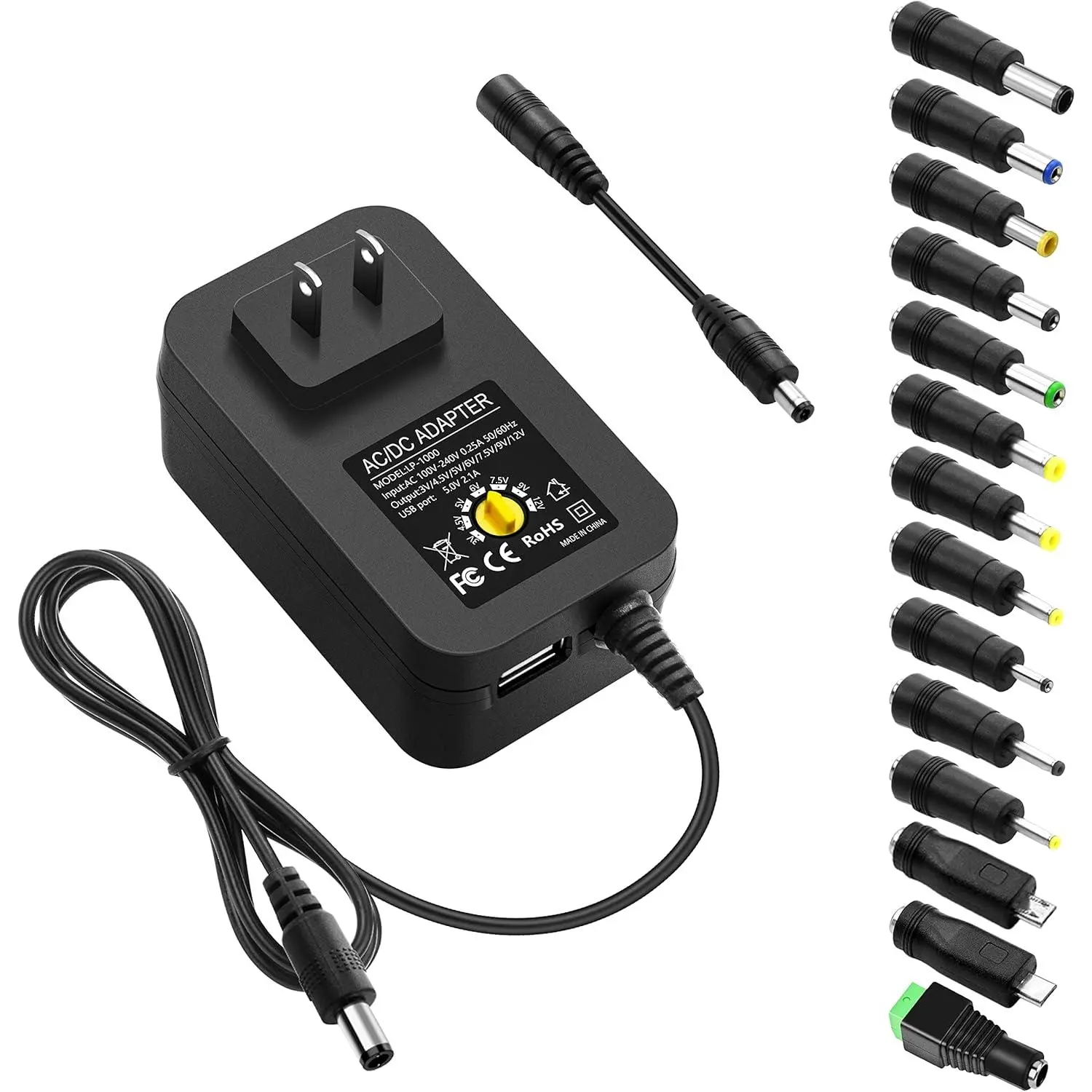 30W Universal Power Supply - 100-240V Overload Safe Portable Electronic Model, Adjustable 3V-12V 2.5A Max, 14 Tips, USB Port, 4.9FT Cord, Universal Socket Adapters Compatible for LED Light, Webcam, Cctv Camera
