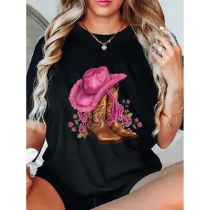 [100% Cotton] Plus Size Women's Casual Short Sleeve T-Shirt - Vibrant Boots & Hat Print, Comfortable Spring & Summer Top, Relaxed Fit, Soft Fabric, Easy Care, Perfect for Daily Wear  Golf Gift T-