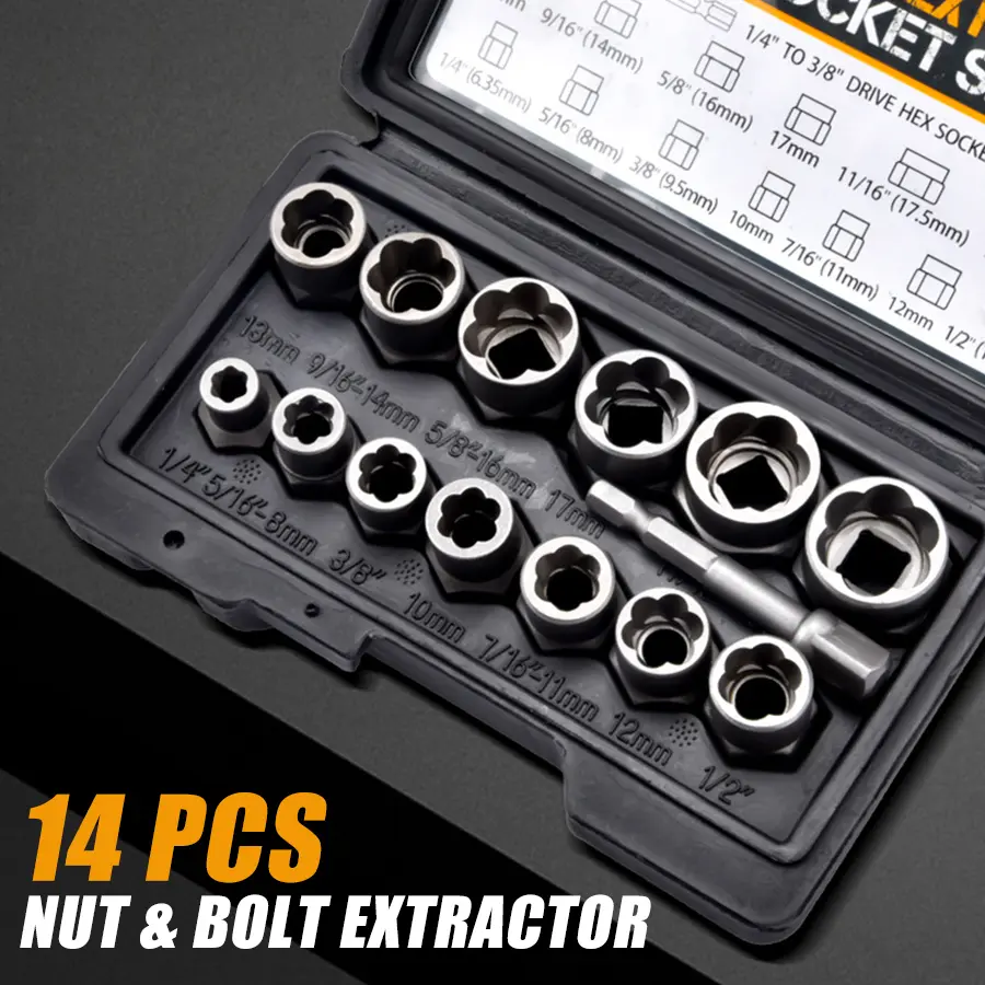【FathersDayGift】 Bolt Extractor Socket Set, 13+1-Piece Impact & Nut Remover, Stripped Lug Remover, Drive Rounded Bolt Remover for Removing Damaged or Frozen Bolts, Universal Impact Socket Wrench Set Clearance Sale