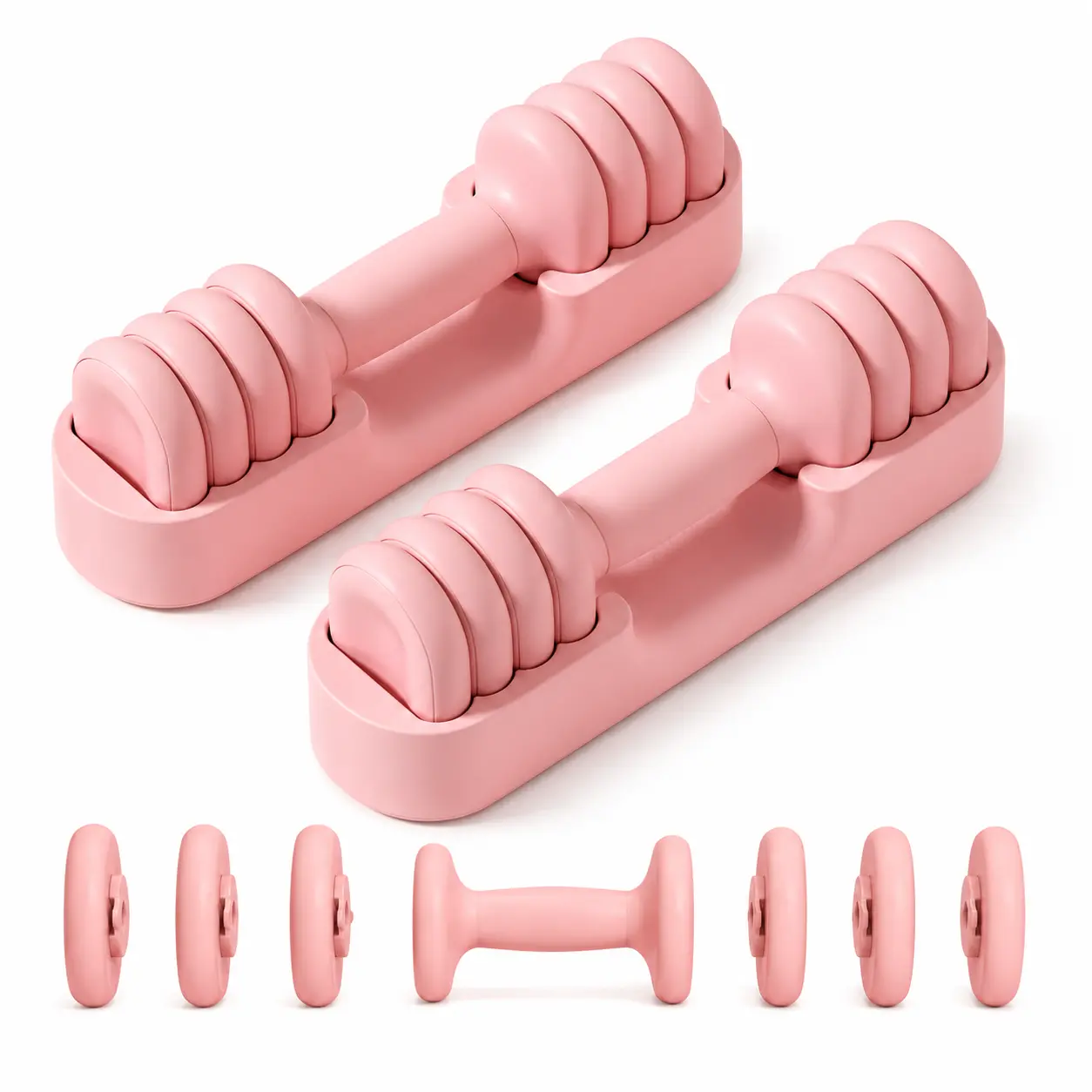 YOTTOY Women's 4-in-1 Adjustable Dumbbells Set of 2, 2-5 lb Each/10 lb Pair, Quick-Adjust Hand Weights with Soft Non-Slip Grip & Storage Base, Fitness Arm Workouts Toned Arms Home Workout Equipment Adjustable Sets