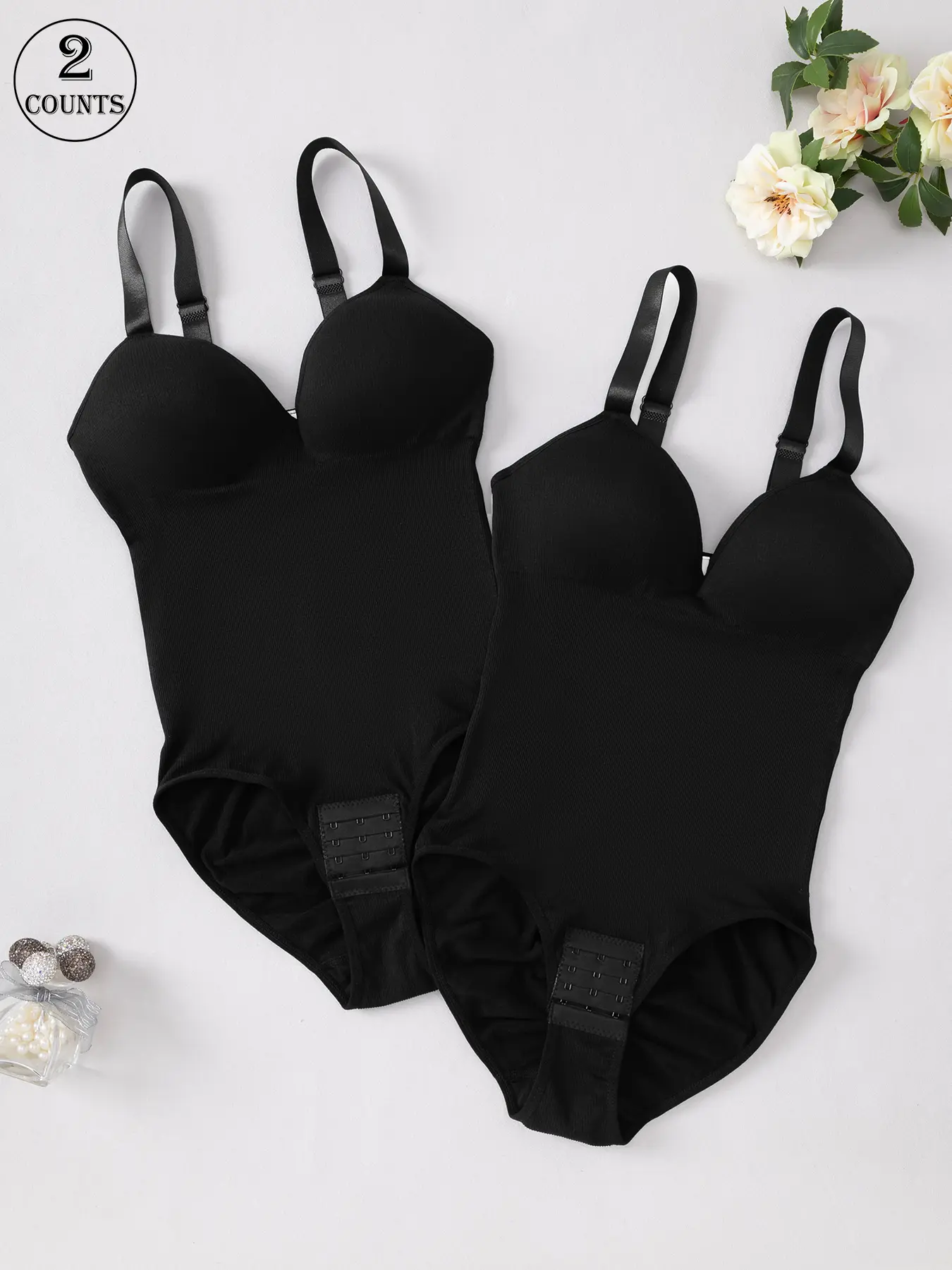 2 piece set, Underwear, Minimalist, solid color high-stretch women's one-piece shapewear with underwire and padded cups, gathering and support, crotch with hook closure, triangle panty hip design, adjustable straps, suitable for yoga workouts