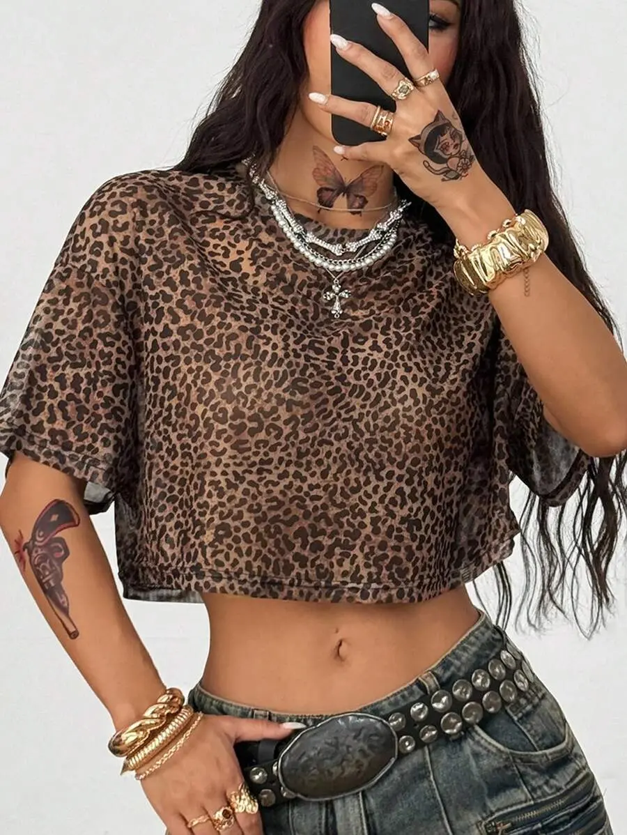 LUNA LAYER Women's Breathable Polyester Animal Print Mesh Crop Top, Casual Short-Sleeve T-Shirt