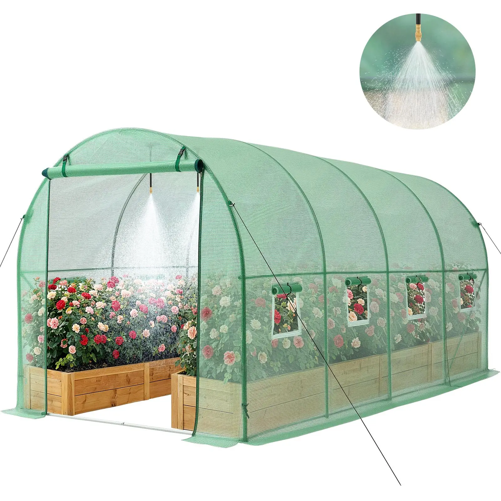 VEVOR Walk-in Tunnel Greenhouse, 15 x 7 x 7 ft Hoop House Greenhouse Tunnel with Watering System, Plant Hot House with Steel Frame, PE Cover, Roll-Up Zipper Door and 8 Windows for Outdoors, Green#BackToSchool