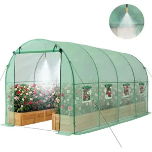 【FathersDayGift】VEVOR Walk-in Tunnel Greenhouse, 15 x 7 x 7 ft Hoop House Greenhouse Tunnel with Watering System, Plant Hot House with Steel Frame, PE Cover, Roll-Up Zipper Door and 8 Windows for Outdoors, Green