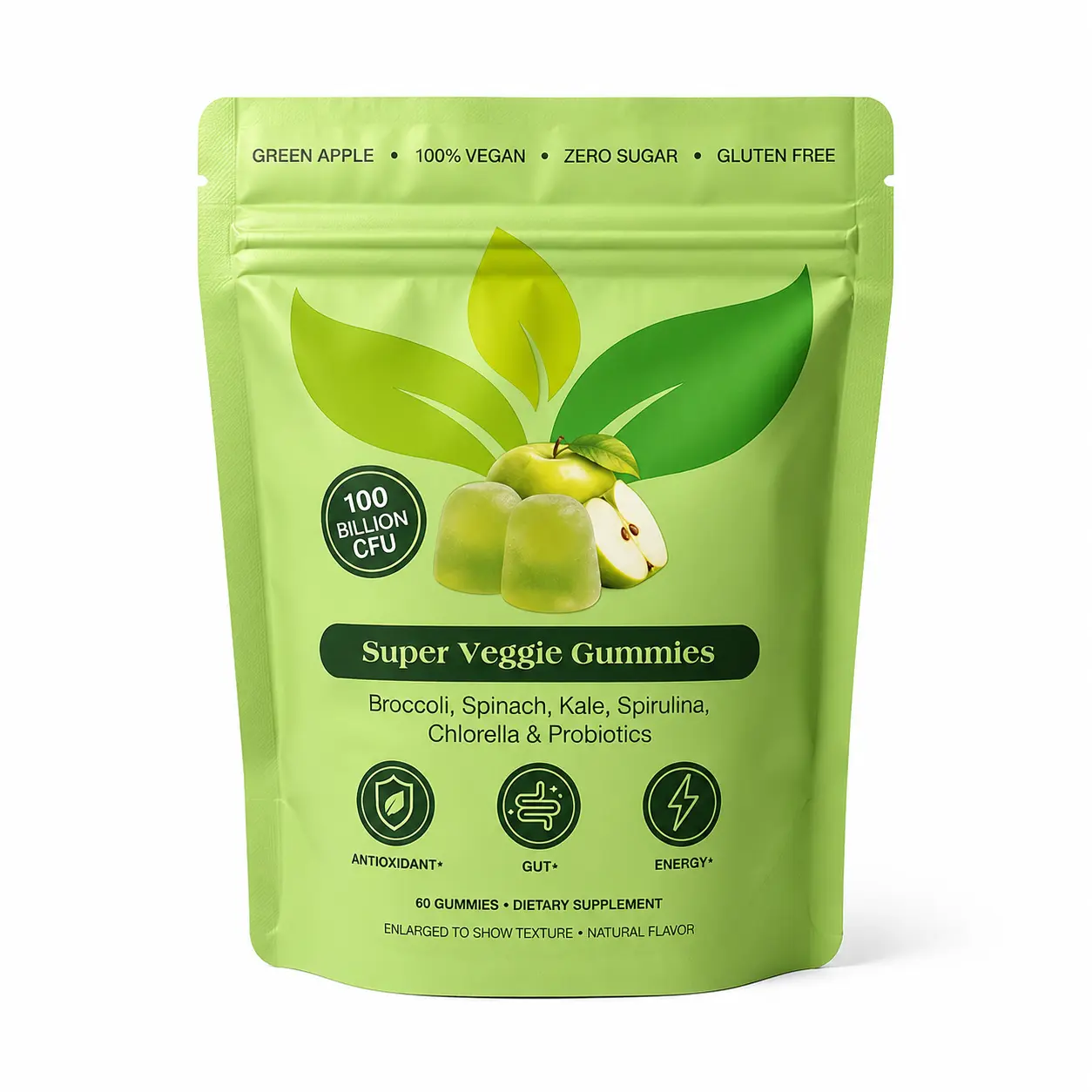 Super Veggie Gummies - 100B CFU Probiotic & Greens Complex Vitamins Supplement with Broccoli, Spinach, Kale, Spirulina, Chlorella - Vegan Green Apple Flavor for Gut Health, Energy & Immune Support (60 Gummies)