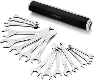 Super-thin Open End Wrench Set, SAE and Metric (from 5/16" to 1-1/16", 5.5mm to 27mm), 16-, Slim Spanner Wrench Set with Rolling Pouch