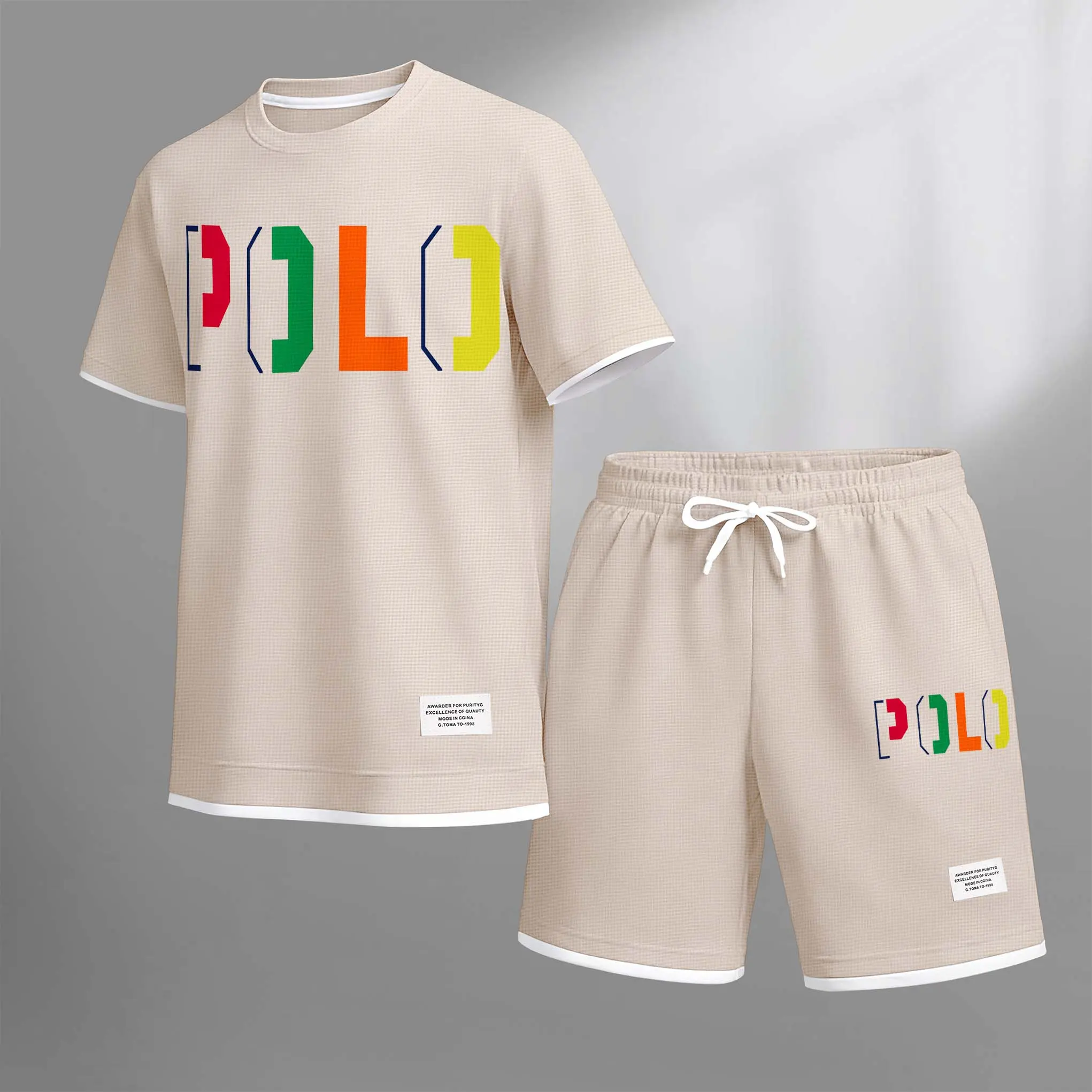 Men's Polo Print Drawstring Shorts Set For Spring/Summer. A Casual Summer Outfit, Including A Short-Sleeved Shirt And Shorts, Suitable For Everyday Wear And Sports. A Two-Piece Set For A Relaxed And Energetic Lifestyle. Crewneck Clothes