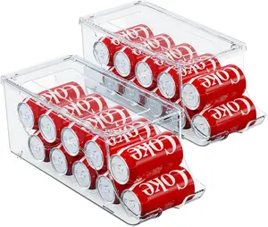 2 Pack Stackable Refrigerator Organizer, Soda Can Dispenser Pop Cans Container Beverage Holder with Lid for Fridge, Freezer, Kitchen, Clear Plastic Storage Bins-Holds 10 Cans Each (Clear)