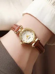 Elegant Women's Quartz Watch Set, Small Round Dial Leather Strap Metal Case, Fashionable Wristwatch, Casual Trendy Wristwatch, Perfect for Summer Vacation Halloween Back-To-School Season