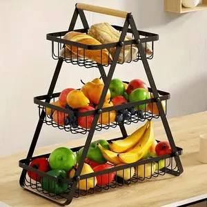 1-Piece Detachable 3-Tier Fruit Basket Fruit Holder for Kitchen Countertop - Ideal for Fruits, Breads, Snacks & Vegetables - Stylish & Durable Metal Layered Fruit Rack