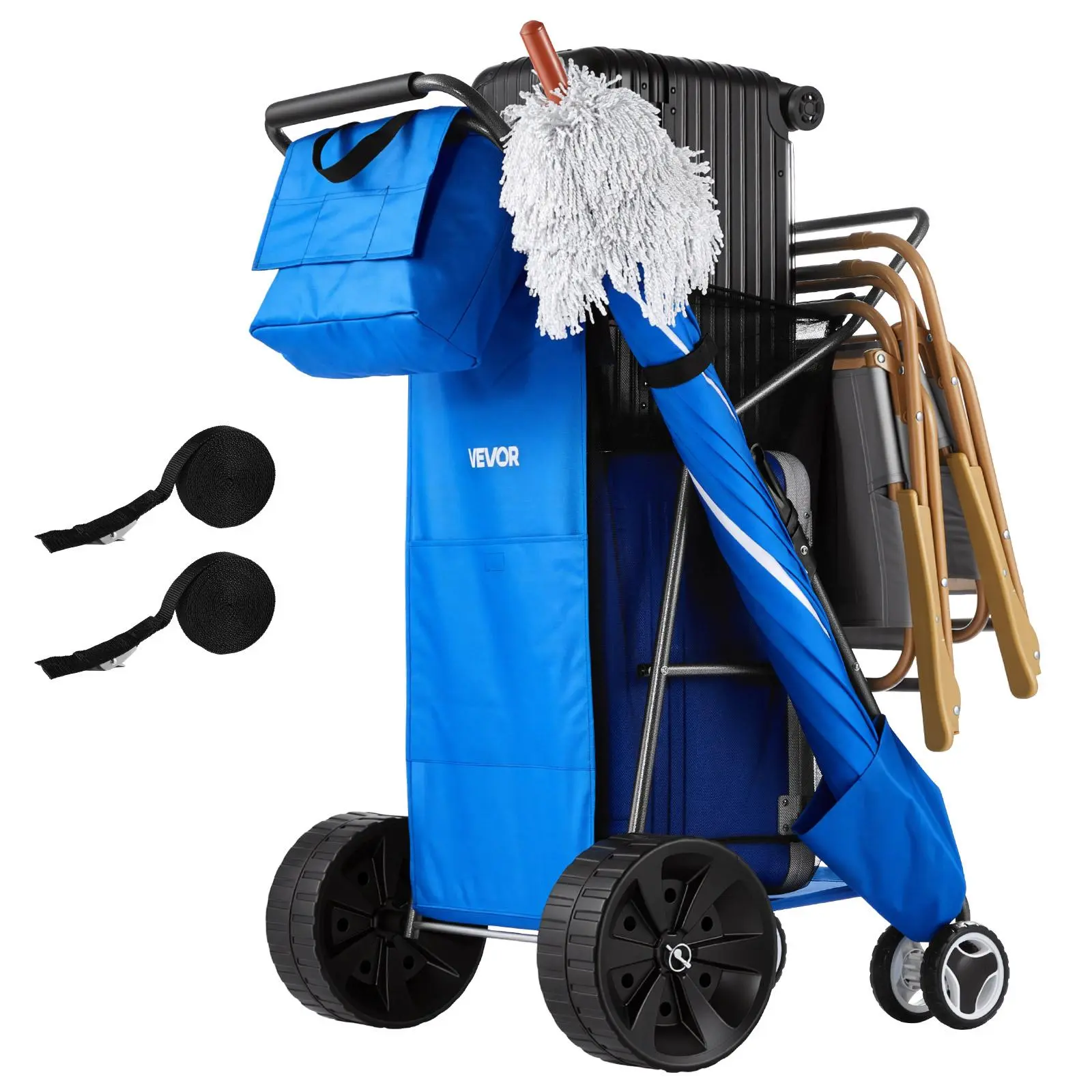 VEVOR Folding Trolley Cart, Saltwater Tough Heavy-Duty Wagon Cart Foldable with 10" Sand Wheels, 165 lbs Load Capacity, Insulated Cooler Bag, Umbrella Holder, Holds 4 Chairs for Camping, Beach Cart#BackToSchool