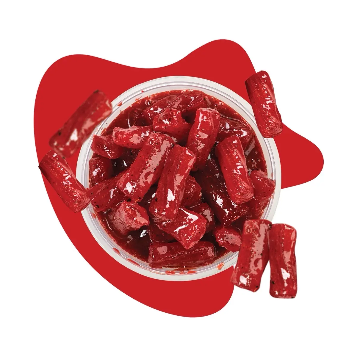 Strawberry flavored rellenitos in chamoy