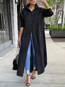 Women's Solid Collared Button Front Long Blouse, Casual Long Sleeve Button Up Shirt, Fashion Women's Spring & Fall Top For Daily Wear