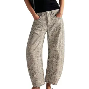 Women'sBaggyBoyfriendBarrelJeansY2KFloralPrintMidRiseWideLegDenimAnklePantsPatchwork#231.