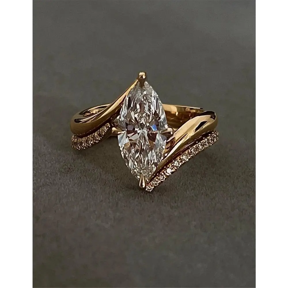 18K Solid Gold Laboratory-Grown Diamond IGI Marquise V-Shape Combination Ring Set Premium Jewelry Custom Wholesale