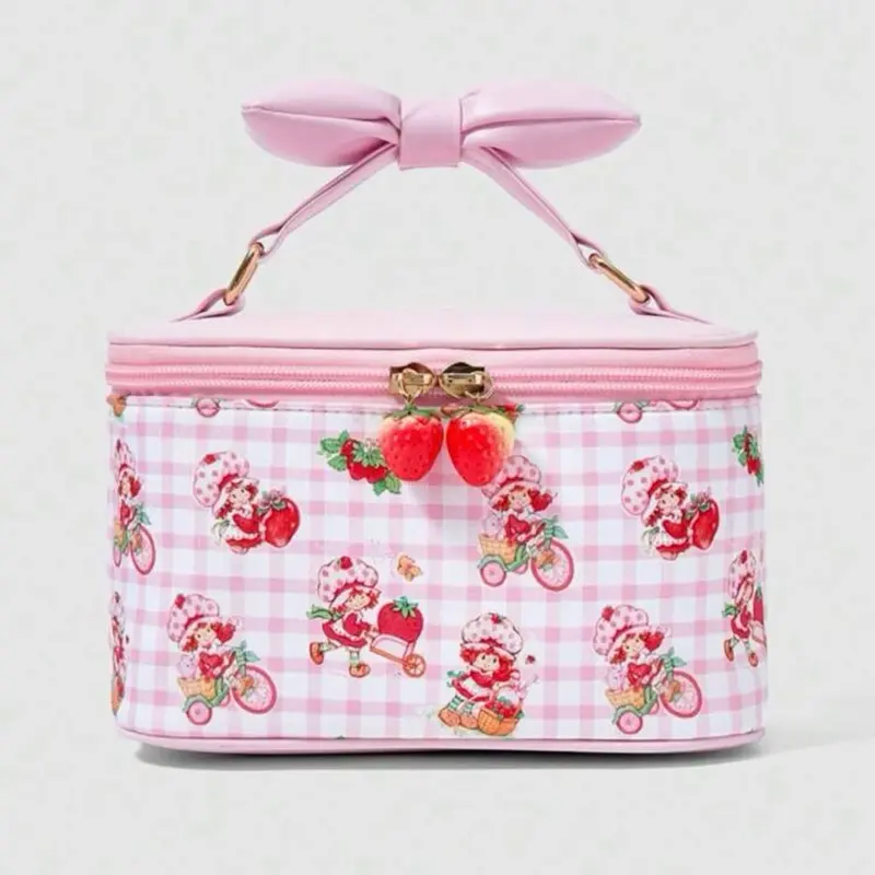 Strawberry Cosmetic Cute Bag with Pink Gingham Pattern and Bow Handle for Makeup Storage