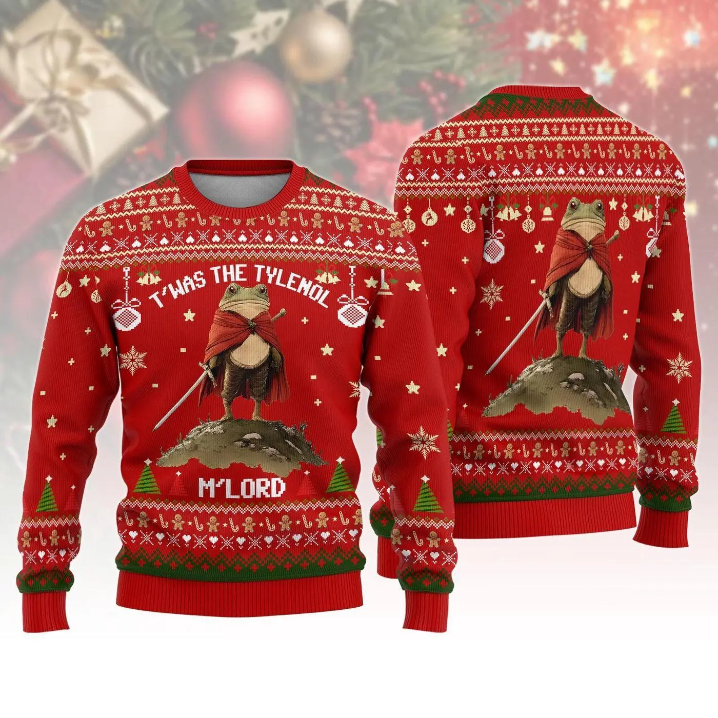 [HOT UGLY] Twas the Tylenol M'lord Christmas Ugly Sweater, Resist Frog Xmas Sweater For Men Women, Funny Frog Meme Holiday Sweatshirt, Xmas Gifts