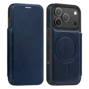 Fin Retro Leather Magnetic Charging Wallet Flip Case For iPhone 17 11 12 13 14 15 16 Pro Max Air Camera Protection Card Slots Cover