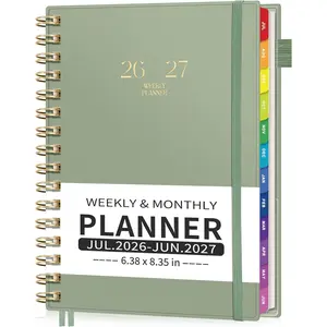Academic Planner 2026-2027, Weekly and Monthly Calendar (July 2026 - June 2027), School Student Teacher Agenda Book, 100GSM Paper, PVC Cover, Colorful Tabs, A5 (6.38" x 8.35"), Light Green