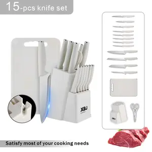 15PCS knife holder kitchen knife set: Japanese style knife, meat/vegetable knife, chicken bone knife, German steak knife storage built-in sharpener - stainless steel washable dishwasher suitable for women, wives, Mother's Day, pink/white/black