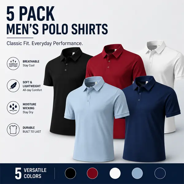 Men’s 5-Pack Performance Oxford Polo Shirts - Soft, Breathable, Moisture-Wicking, Sweat-Absorbing, Everyday Fit Breathe Tops, Breathe Polo Shirts, Sweat-Absorbing Polo Shirts