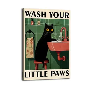Wash Your Little Paws Toilet Black Cat Great Wall Art, Canvas Poster, funny bathroom Cute And Vibrant Poster for Bedroom, Dorm, A Perfect Gift Idea for New Year Home Decor