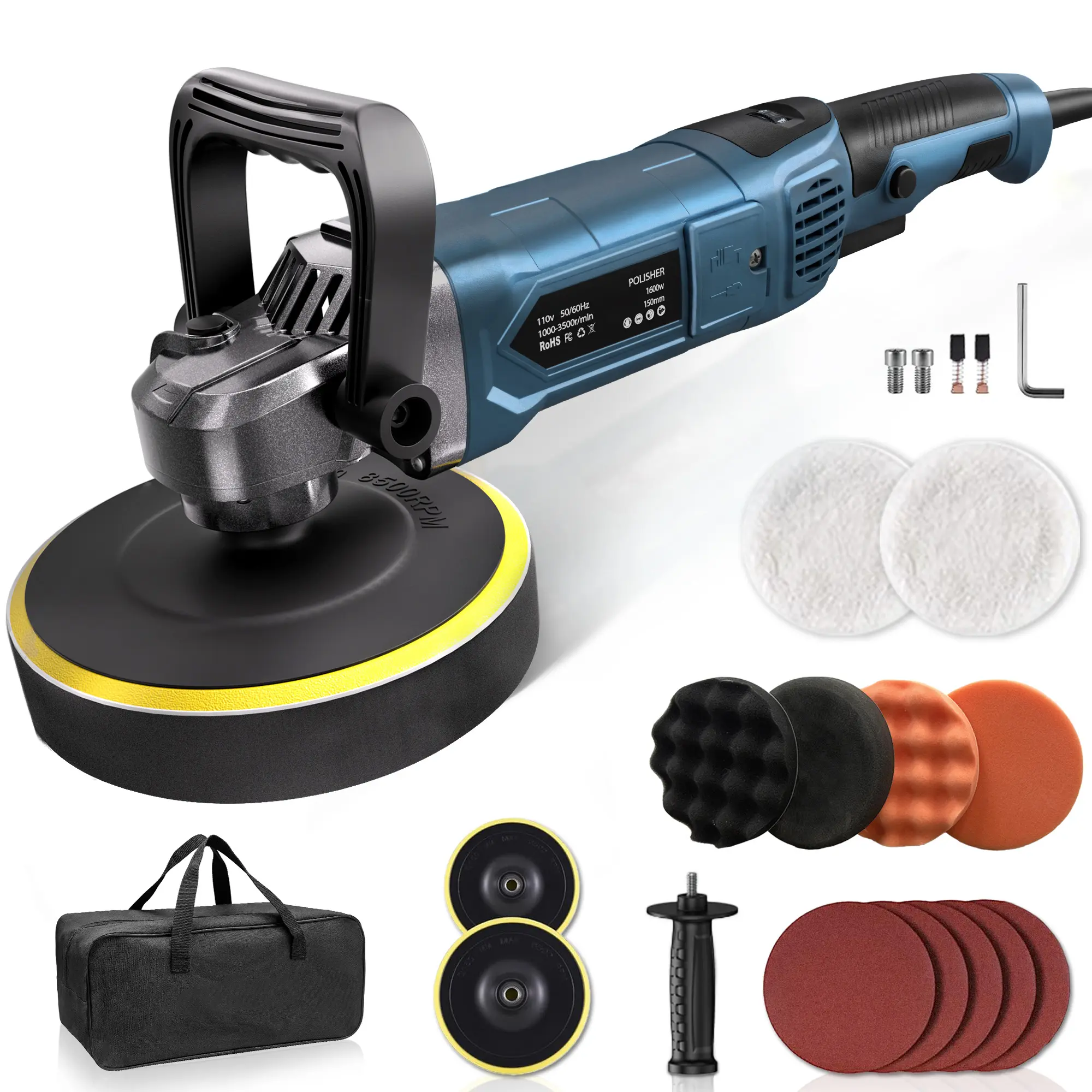 Buffer Polisher, 6 Inch/7 Inch 1600W Rotary Car Buffer Polisher Waxer, 7 Variable Speed 1000-3500 RPM, Detachable Handle for Car, Boat Sanding, Polishing, Waxing