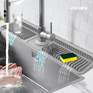 AMA SNOW 24-Inch Kitchen Sink Splash Guard Mat | 7° Slope for Fast Self-Draining | Snap-Lock Design | Universal & Cuttable Silicone Faucet Mat Gray