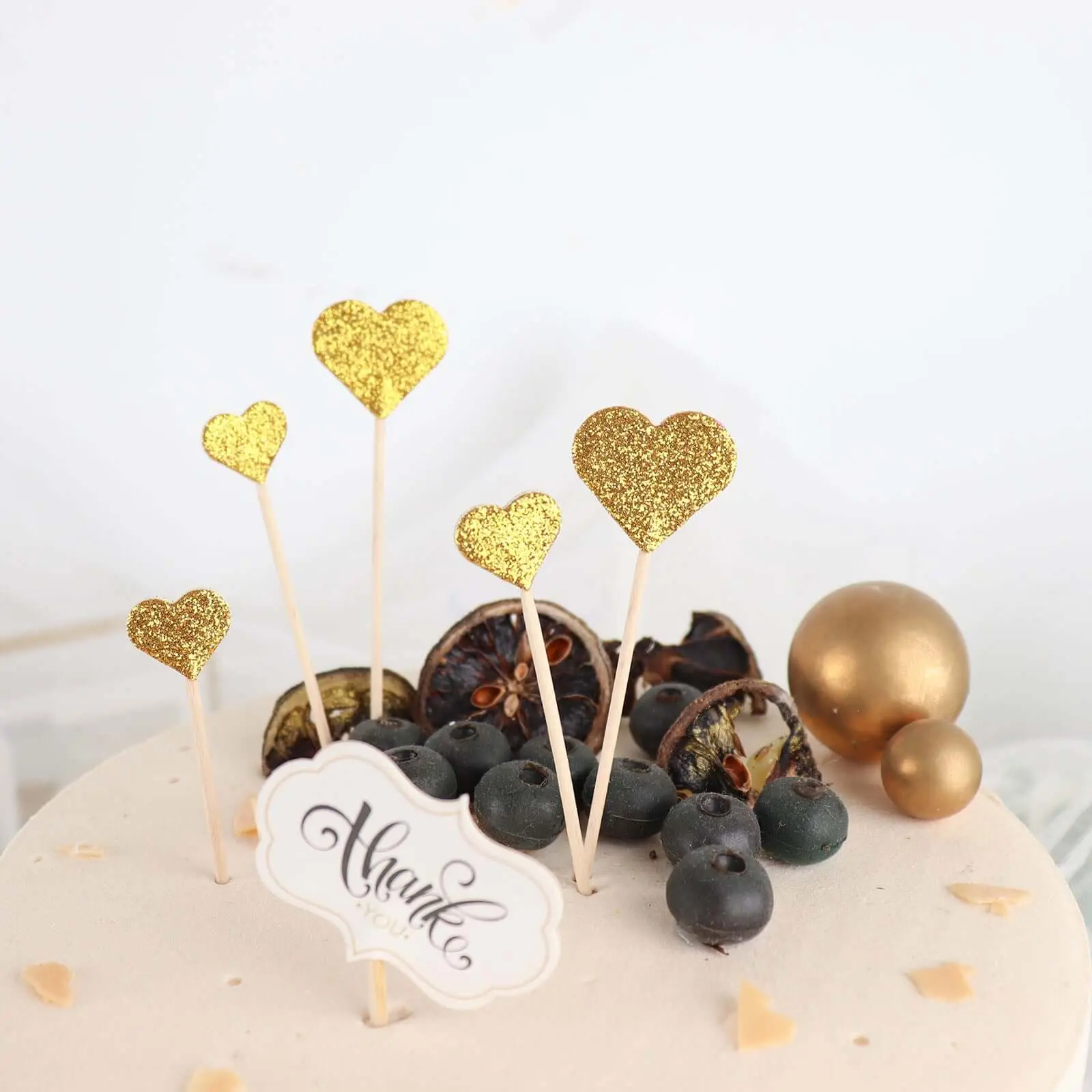 24-Pack Glitter Gold Heart Cake Topper Picks - 4.5in, 4in Sizes for Decorating Cakes, Cheeses, Shish Kabobs, Beverages, Meat - Festive Party Supplies