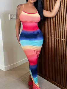 Women's High Elasticity Slim-Fitting Sleeveless Print Gradient Dress, Medium-Length Backless Design, Perfect for Daily Wear & Vacation