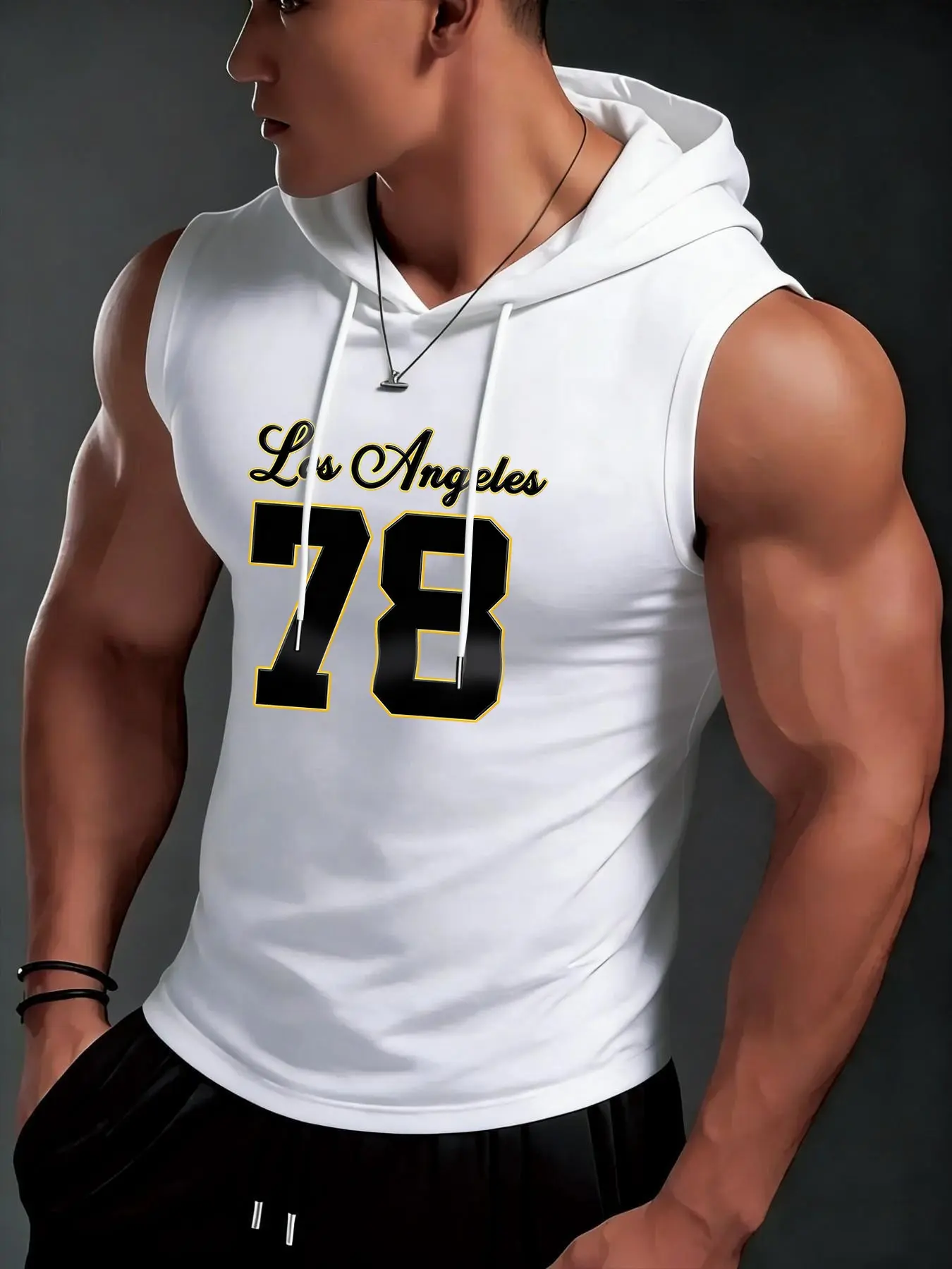 Men's Sleeveless Hooded Gym Vest, Gym Tops, Workout Activewear, Handwritten Number Print, Urban Sports Style, High Stretch Breathable Fabric, Ideal for Training and Daily Wear