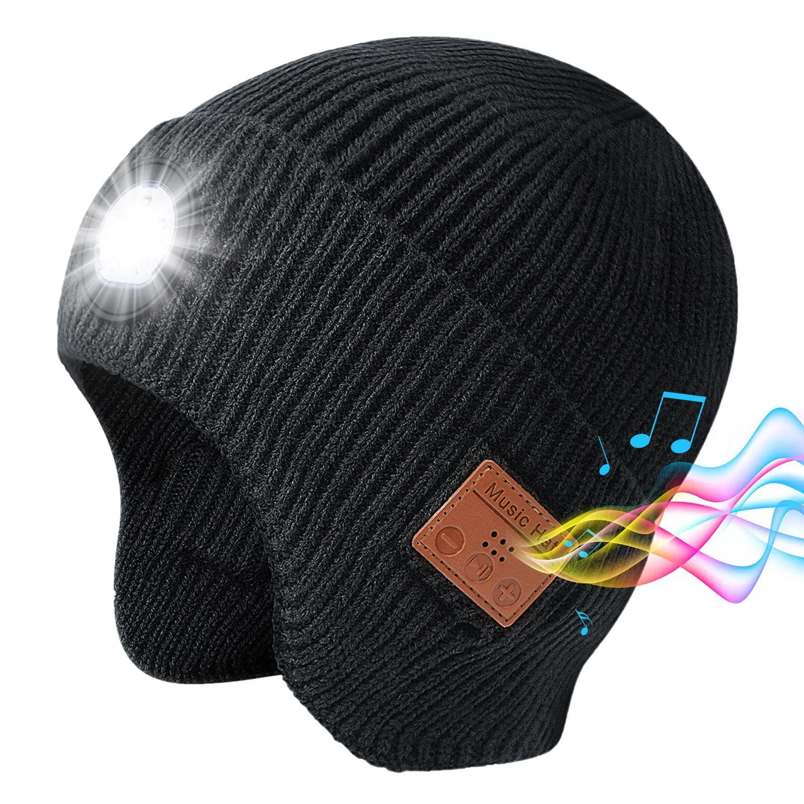 Unisex Bluetooth Beanie with 4 LED Headlight, Soft Solid Acrylic Blend, USB Rechargeable Warm Cap for All-Season Outdoor Wear, Led Light, Luminous