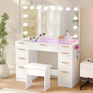 VOWNER Makeup Vanity Table with Full Mirror, 9 Storage Drawers & Glass Top, Wave Series, PowerOutlet Hair Dryer Rack Dressing Table