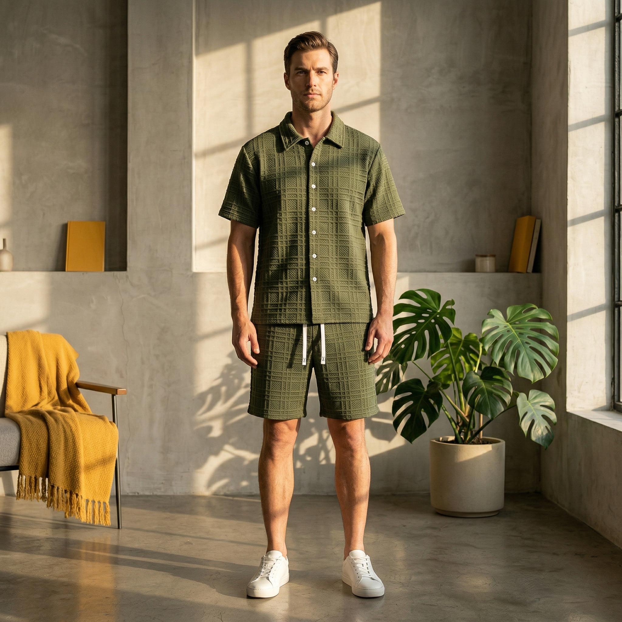 Men's 2 Piece Outfit, Textured Knit Button Down Shirt & Shorts Set for Summer