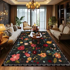 9'x12' Floral Area Rugs, Machine Washable Rug for Living Room- Soft Indoor Carpet, Low Pile for Bedroom, Dining Room, Playroom, Office, Black