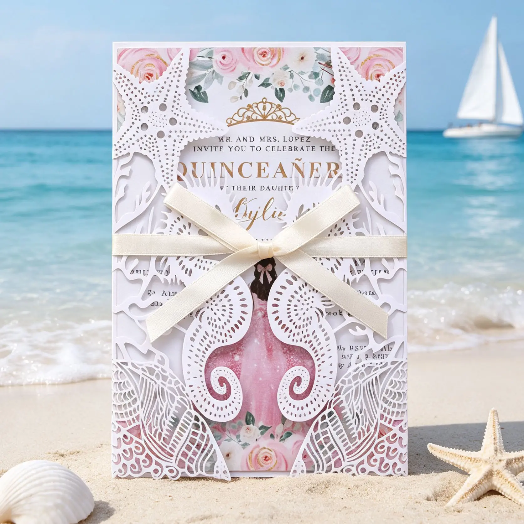 Laser Cut Lace Invitation Card, Pink Floral Inner Page with Satin Bow, Seahorse & Starfish Design Wedding Invite