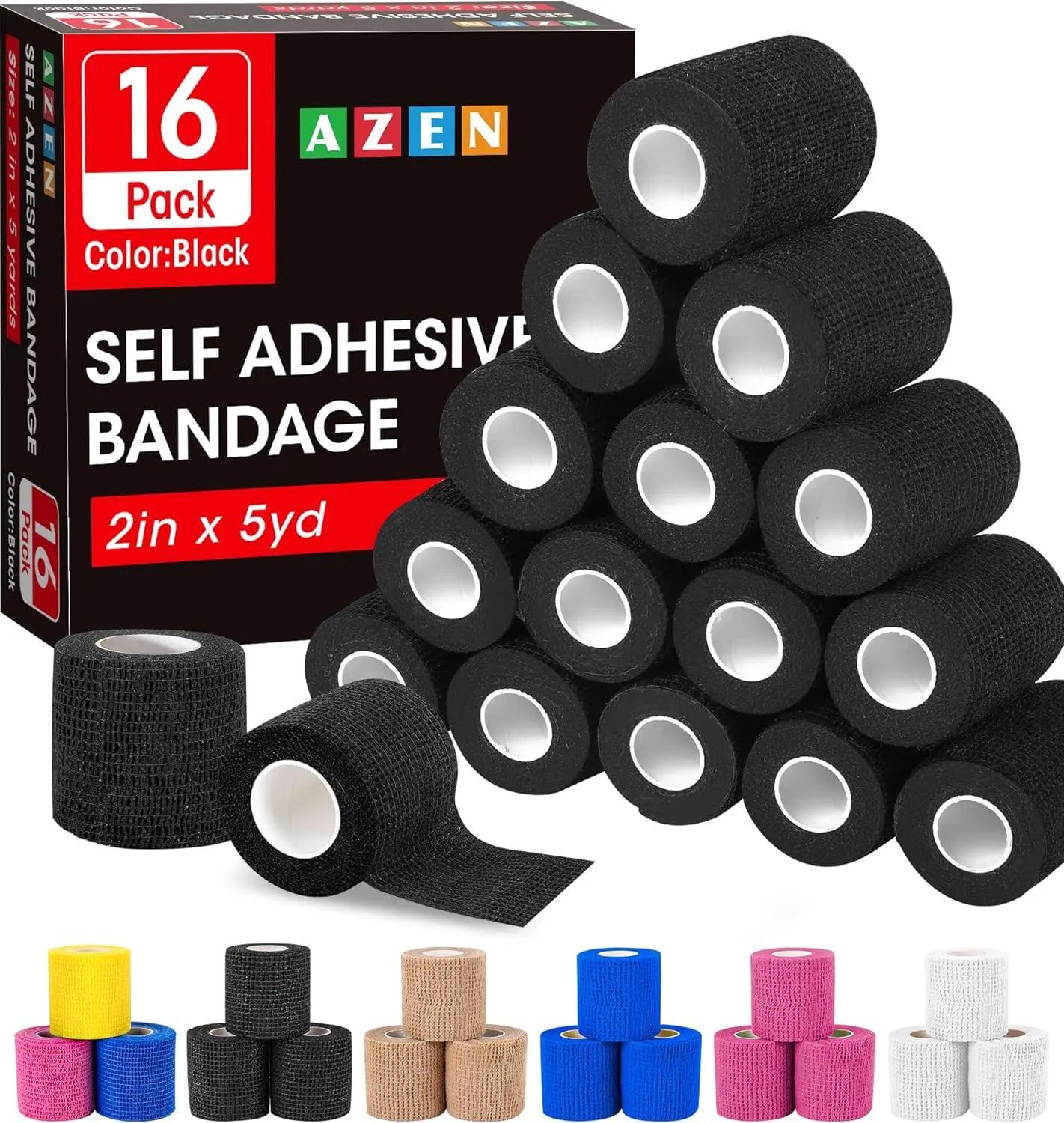 AZEN 16 Pack Self Adhesive Bandage 2" X 5 Yards Black Athletic Tape, Vet Wrap, Tattoo Grip Tape Wrap，Ankle Tape, Cohesive Bandage Wrap